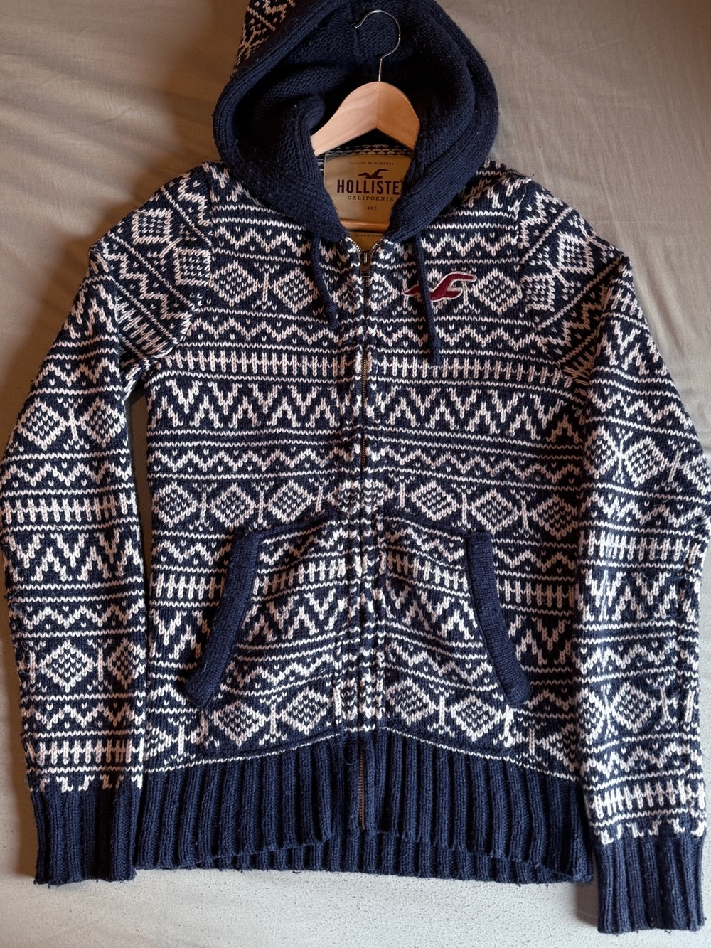 Hollister Men's Navy & White Fair Isle Hooded Zip-Up Sweater